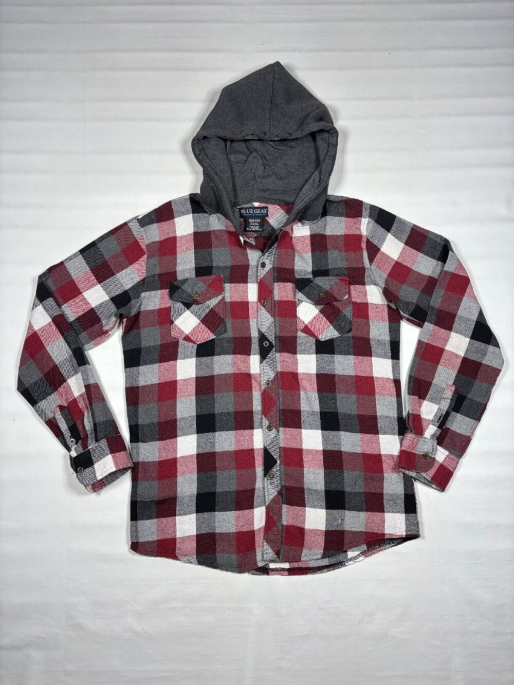 Blue Gear Men's Medium Linen Blend Hooded Flannel Shirt Red Black Plaid Medium